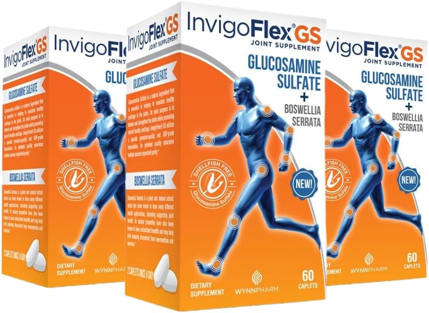 INVIGOFLEX Glucosamine Sulfate (Shellfish Free, Sodium Free & Vegetarian Safe) Non GMO, Gluten Free - with Boswellia Serrata - Premium Joint Supplement GS - 3 Pack