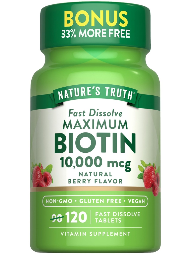 Naturens Sanning Biotin 10000mcg | 120 Snabbupplösta tabletter | Maximal styrka | Naturbär smak | Vegan, icke-GMO & Gluten fri tillägg