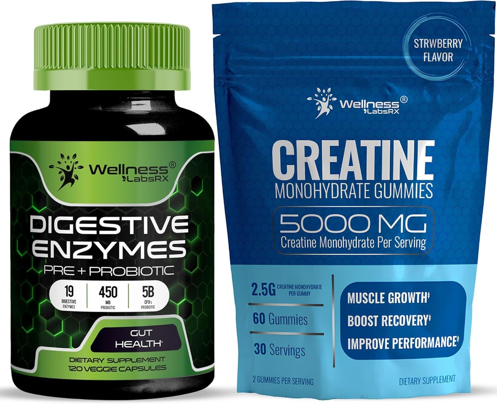 WELLNESS LABSRX Digestive Enzymes Capsules 5 miljarder CFUs - Kreatin Gummies 5000mg