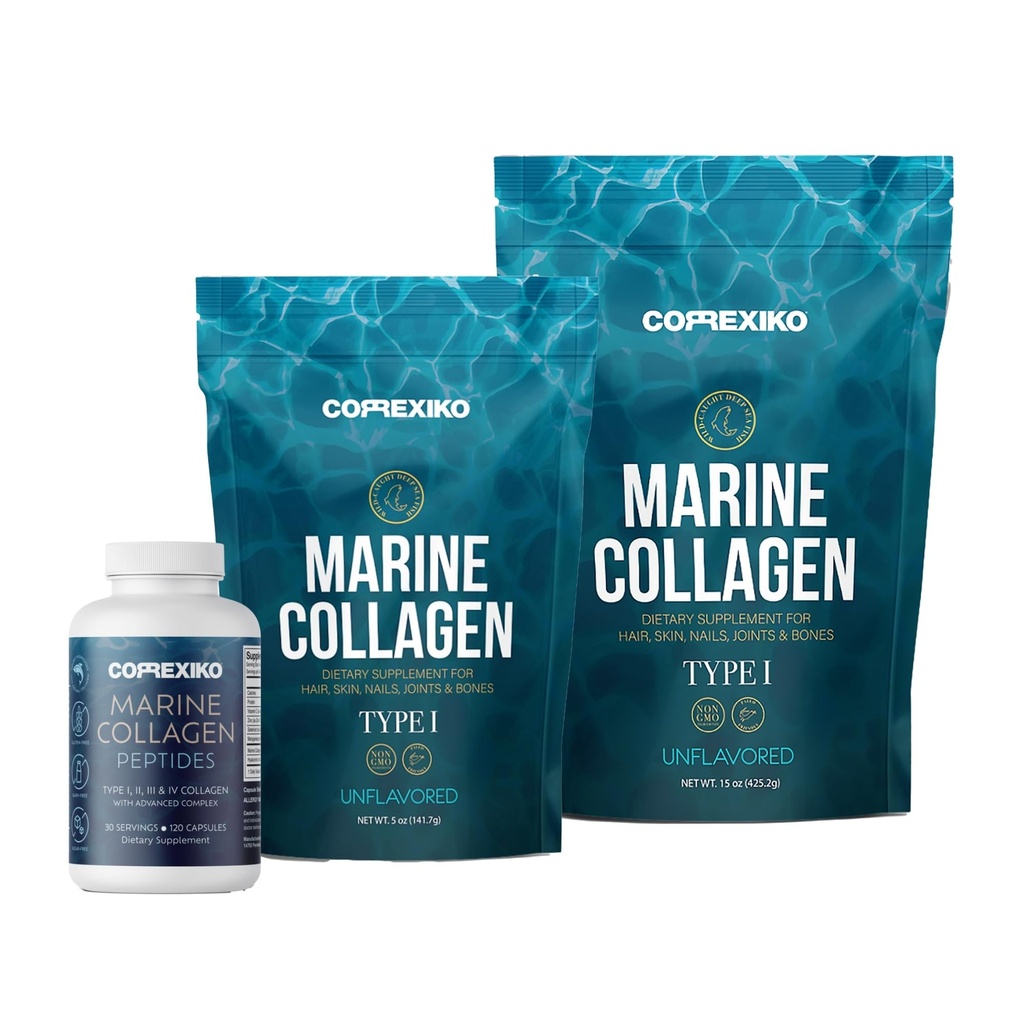CORREXIKO Marine Collagen Supplement Pills & Powder Bundle - Inkluderar 10,000mg Double Hydrolyzed Collagen Powder 15 oz & 5oz och 1800mg Collagen Peptides 120 kapslar - för hår, hud och naglar
