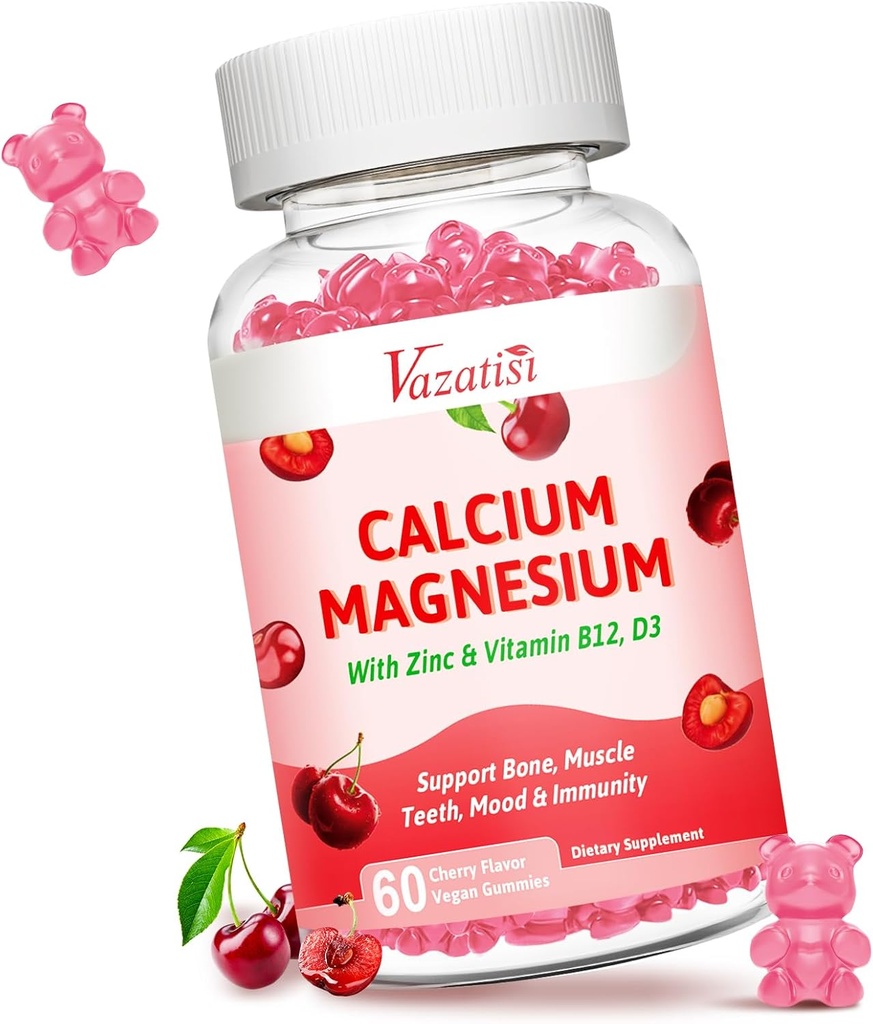 Calcium Magnesium Zink Gummies, Calcium Magnesium 2:1 Ratio med vitamin D3 & B12 för stödmuskel, humör och immunitet, 60 Vegan Cherry Flavor Gummies