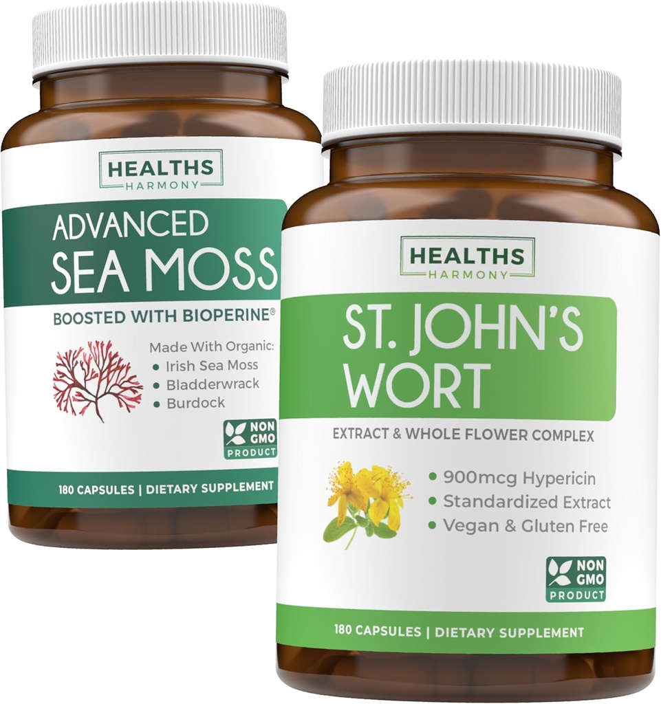 Sea Moss & St John's Wort (2-månaders leverans) Mood Moss Blend - Organic Irish Sea Moss - Raw Vegan Supplement (180 Caps) & St John's Wort med kraftfull 900mcg Hypericin Vegan Non-GMO (180 kapslar)