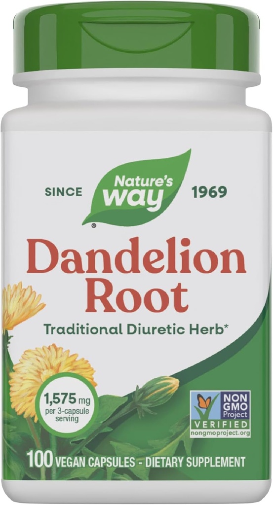 Naturens Way Dandelion Root, traditionell diuretisk ört*, Vegan Dandelion Root Capsules, 100 Count (Packaging May Vary)