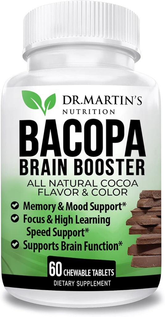BACOPA MONNIERI/BRAHMI CHEWABLE Tablets |Brain Booster Supplement för Memory, Mood Support & Sharpness | Focus & HIGH Learning & Brain Function | AYURVEDIC HERB för barn & vuxna | Cocoa Flavor