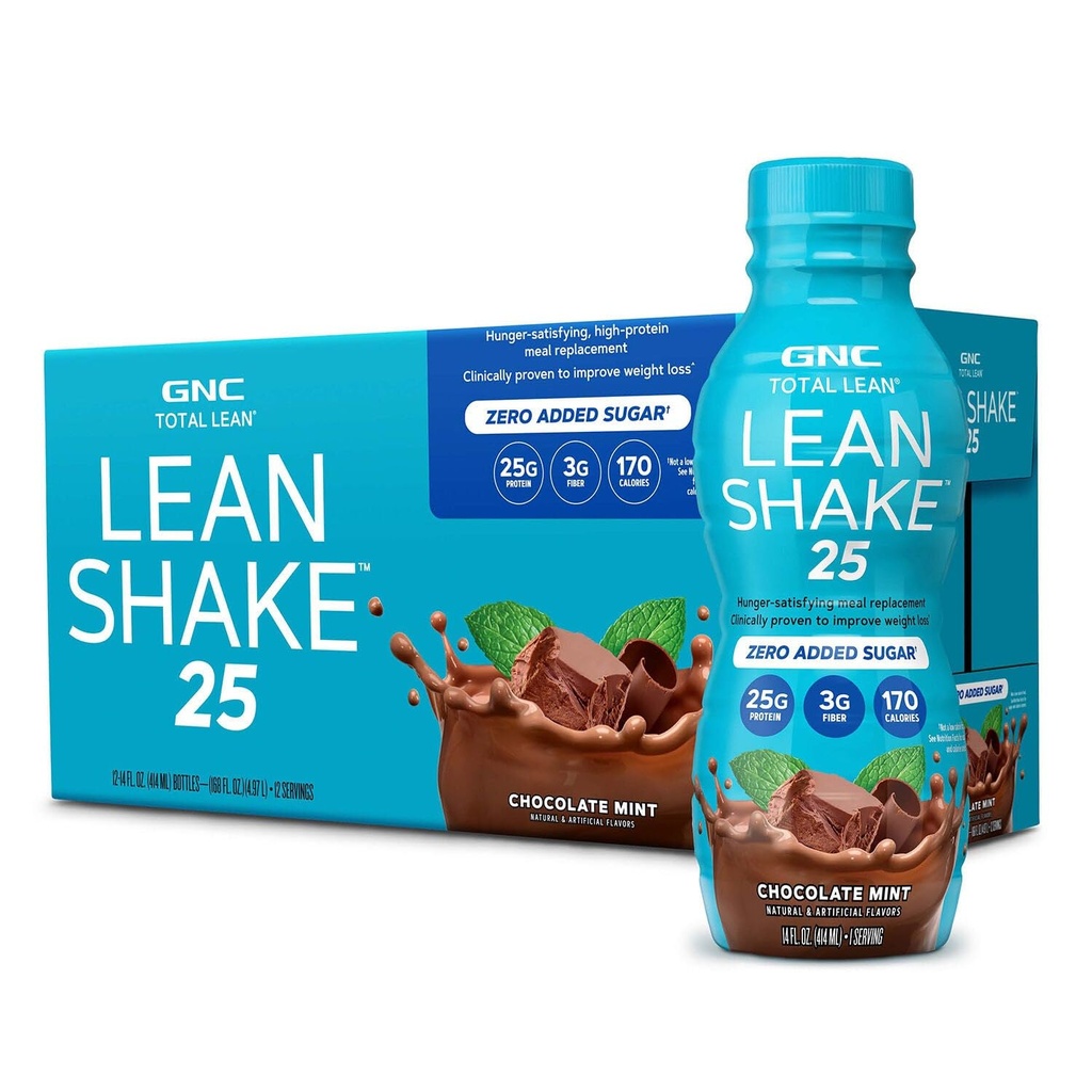 GNC Lean Shake 25 Protein Shake, Clinically Proven Weight Management, Meal Replacement, 25g Protein med Zero Added Sugar, redo att dricka, Chocolate Mint, Pack 12