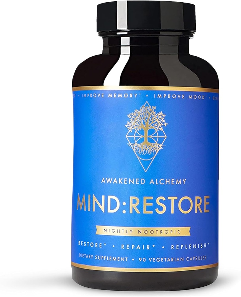 MIND:RESTORE Premium Nighttime Nootropic Supplement | Brain Nutrition för minne och sömn | 9 Premium Ingredienser | L Theanine Lions Mane Choline Magnesium L Threonate Vitamin B6 Bacopa Monnieri