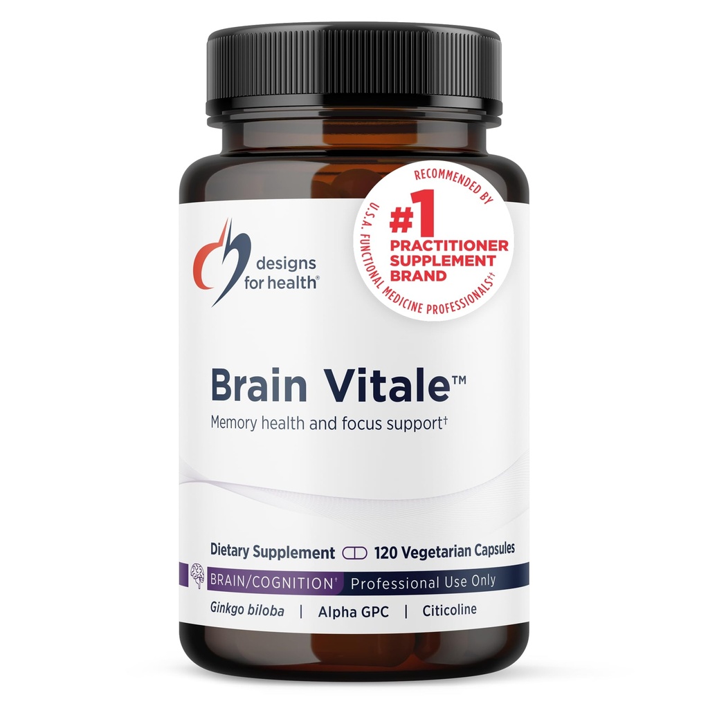 Designs for Health Brain Vitale med Cognizin Citicoline - "Nootropic" tillskott för att hjälpa till att stödja kognition, humör + minne med GPC Choline, Ginkgo + Acetyl L Carnitine HCL (120 kapslar)