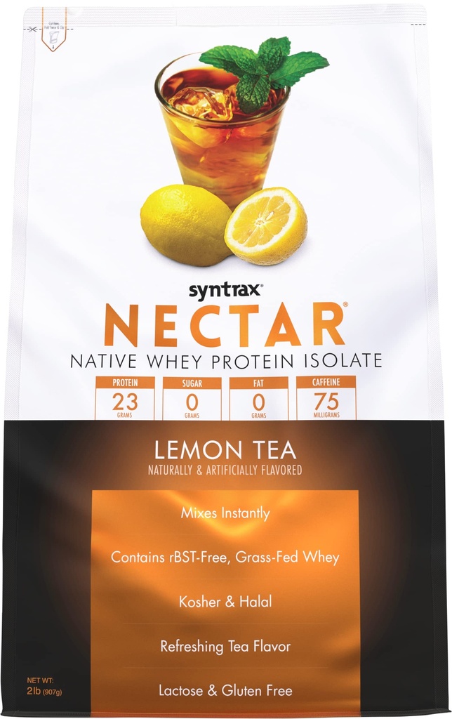 Syntrax Nutrition Nectar, 100% Whey Protein Isolate Powder, Uppfriskande frukt smak, Lemon Tea, 2 lbs