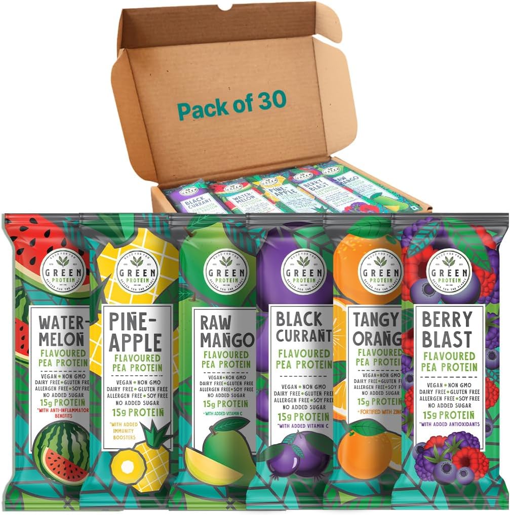 GreenProtein | Vegan Plant Pea Protein Isolate Powder | Dairy, Gluten Allergen & Soy Free, No Added Sugar | Pineapple, Black Currant, Berry Blast, Watermelon, Raw Mango & Orange | Pack på 30