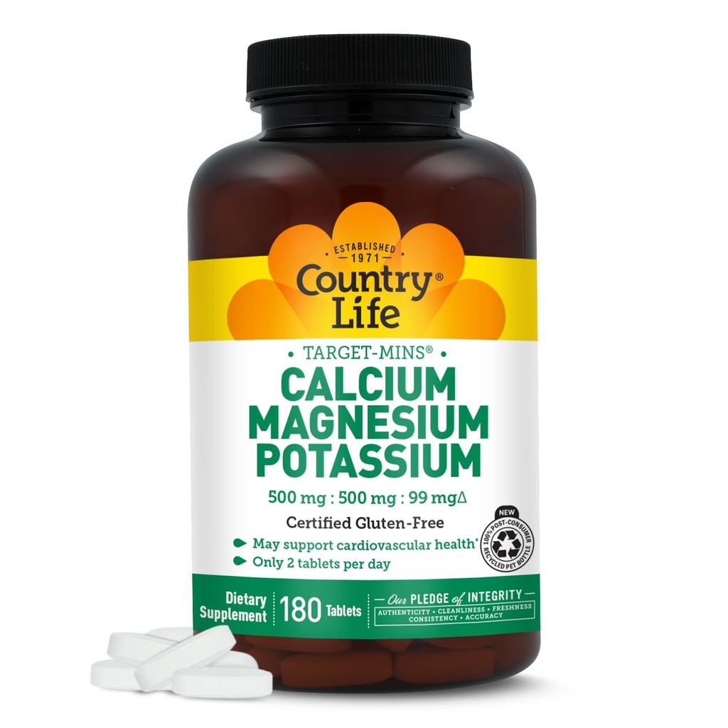 Country Life Target Mins - Calcium Magnesium Potassium Bone & Heart Health Supplement, 1000mg Calcium, 500mg Magnesium, Supports Calcium Utilization, 180 Tablets – Certified Gluten Free & Vegan