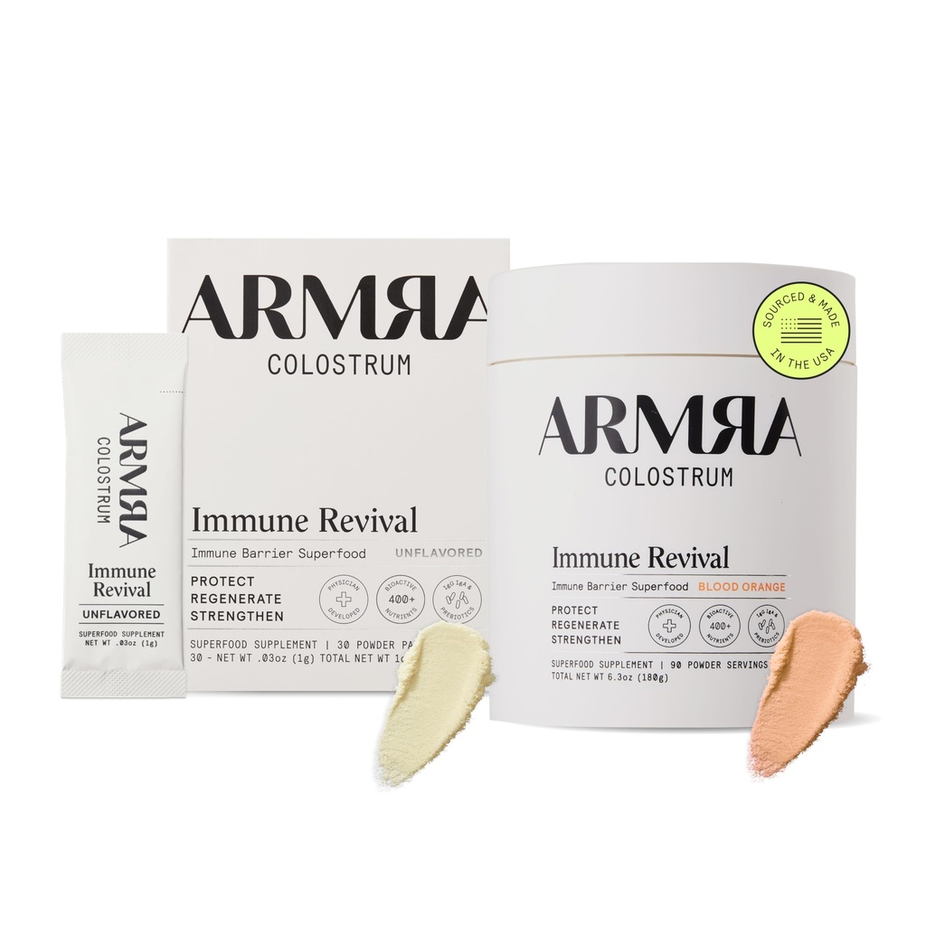 ARMRA ColostrumTM Premium Powder, Grass Fed, Gut Health Bloating Immunity Skin & Hair, innehåller 400 + Bioaktiva näringsämnen, Potent Bioavailable, Keto, Gluten & Fat Free (Unflavored 30|Blood Orange 90)