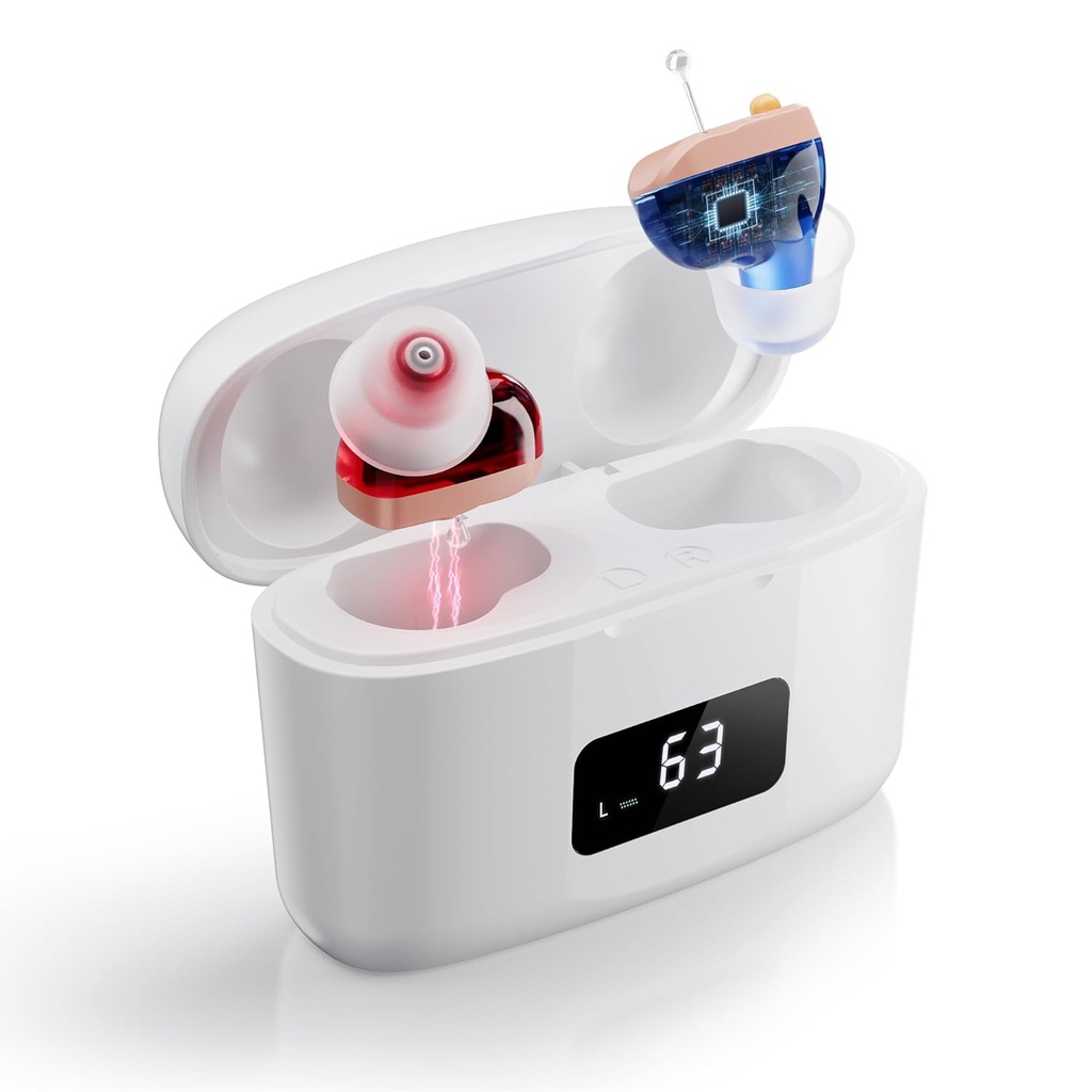 Hörapparater laddningsbara för seniorer med Feedback Cancellation & Noise Reduction, Osynlig CIC Hearing Amplifier, Bekväm för hela dagen bär, 26dB Gain, 3 Modes med LED Display