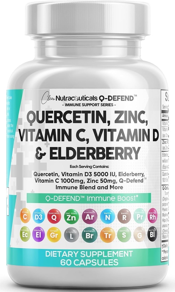 Q Defend Quercetin Supplement med Zink Vitamin C Vitamin D Elderberry Turmeric Black Pepper Garlic Ginger Sea Moss Lysine Sting Nettle Reishi Mushroom Immune Support 60 Capsules av Clean Nutra