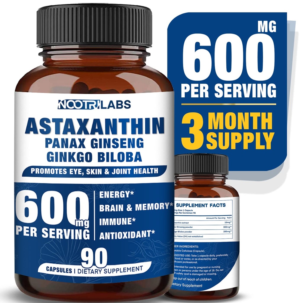 Astaxanthin 15mg + Panax Ginseng, Ginkgo Biloba Supplements, 90 Vegan Capsules, främjar Eye Health Energy, Cardiovascular Support + Immune Defense and Focus
