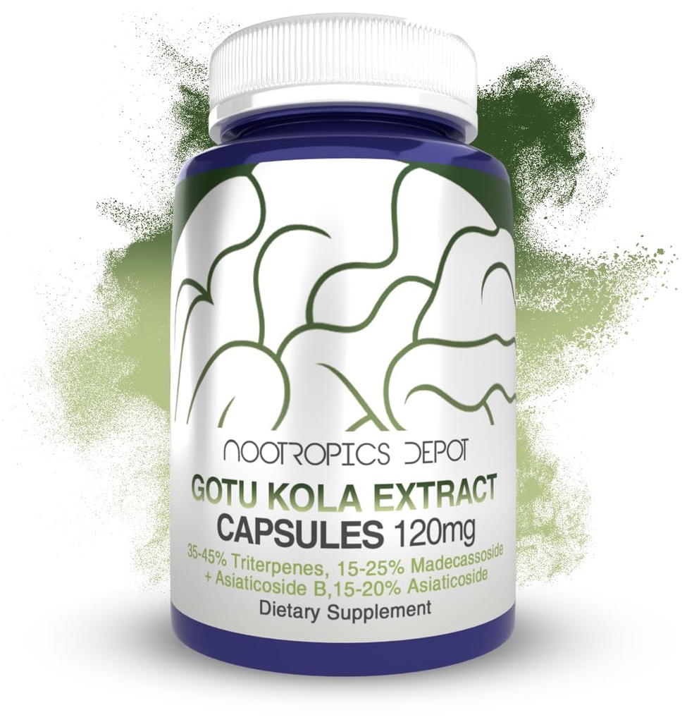 Nootropics Depot Gotu Kola Extract Capsules | 120mg | 90 greve | Acid Resistant | Centella asiatica | 35-45% Triterpenes | Stöder Hälsosamma Stressnivåer | Främjar Memory Enhancement