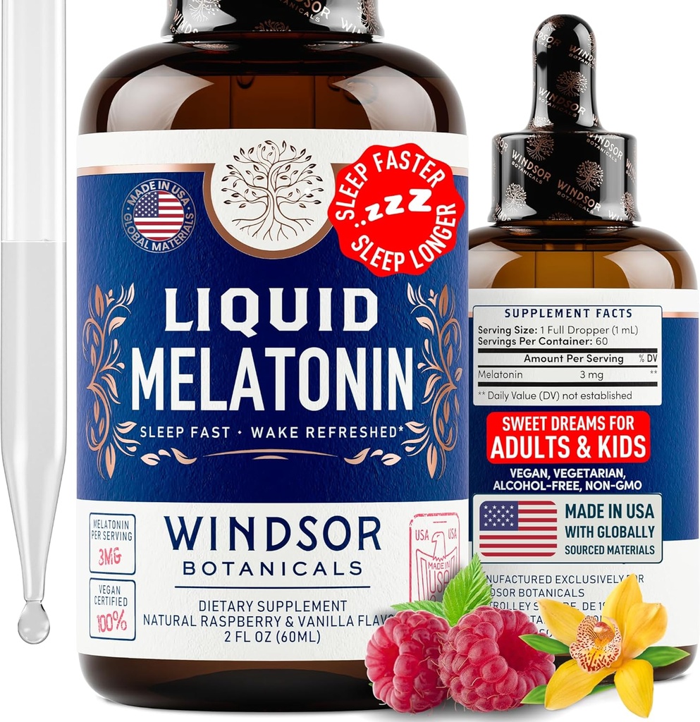 Liquid Melatonin för vuxna och barn 6 år upp - 3mg Melatonin droppar extra styrka flytande sömnhjälp - snabb absorbering, Raspberry Vanilla Flavor Melatonina - 2oz, 2-månaders leverans, tillverkad i USA
