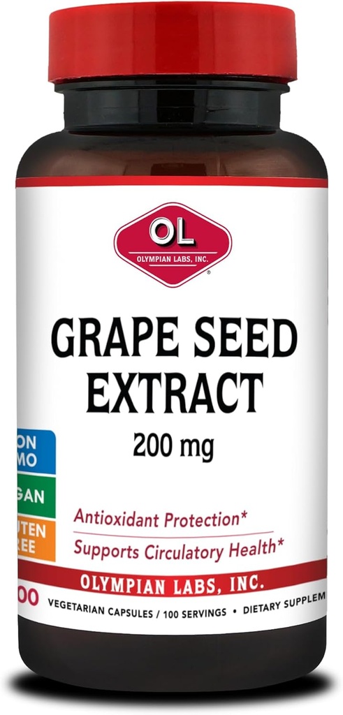 Olympiska Labs Grape Seed Extract Capsules - 200 mg - 100 vegetabiliska kapslar som stöder hjärthälsa, antioxidantskydd.