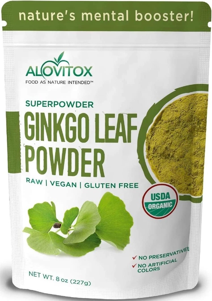 Ginkgo Biloba Leaf Powder 8oz - Ginkgo Biloba Tea stöder hälsosam åldrande, minne, fokus, humör och koncentration - 100% naturlig Ginko Leaf Extract, Vegan, Non GMO & Certified Organic Ginkgo Leaf Powder