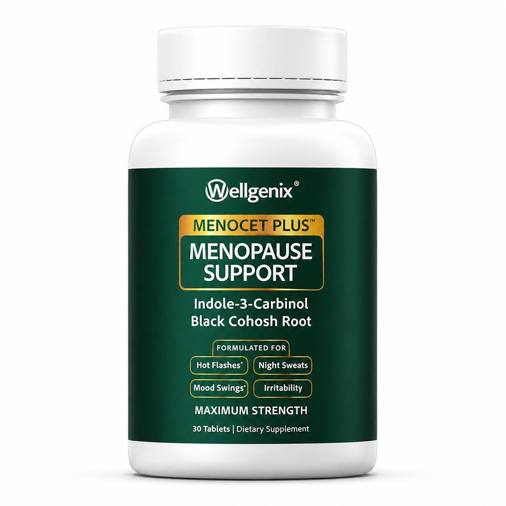 Wellgenix Menocet Plus Menopause Support - Naturligt tillskott för kvinnor - Daglig lindring Femininvård - Hjälper till Hot Flashes, Nattsvett, humörsvängningar och irritabilitet - 30 tabletter
