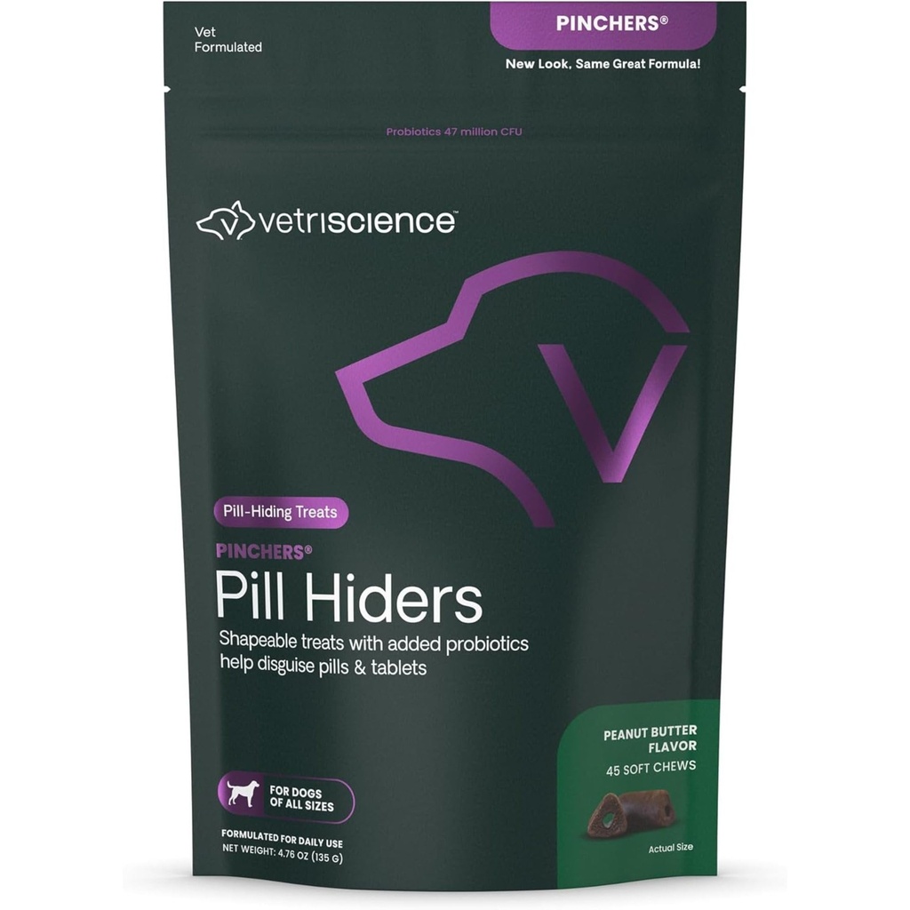 VETRISCIENCE Pinchers Pill Hiders Chews, Non-Greasy Pill Wrap med probiotika för hundar, dölja små piller, kapslar och tabletter, mjuk och Chewy, Gut och Immune Support, Peanut Butter, 45 Count