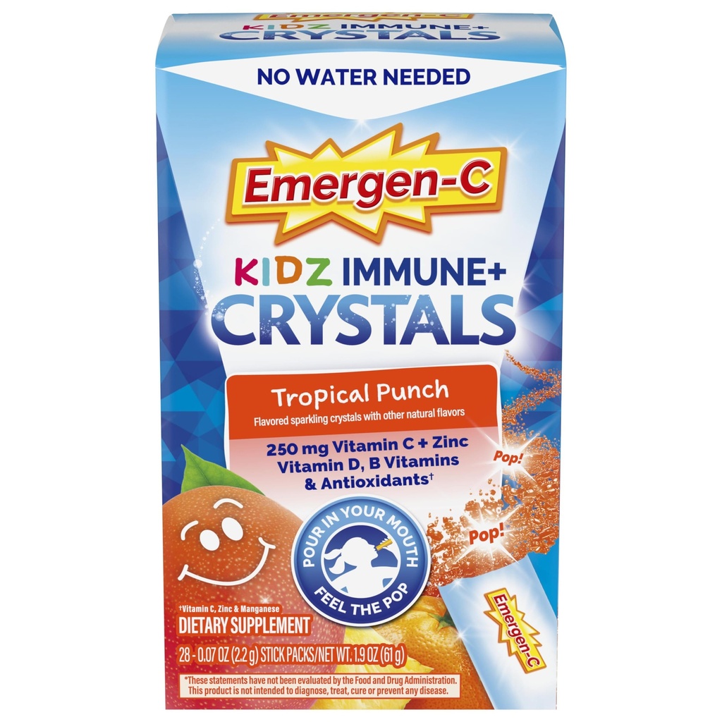Emergen-C Kidz Immune Plus Crystals, On-The-Go Immune Support Supplement med vitamin C, vitamin D, B Vitaminer, Zink och Manganese, Tropical Punch, Tillbaka till skolan Essentials - 28 Stick Packs