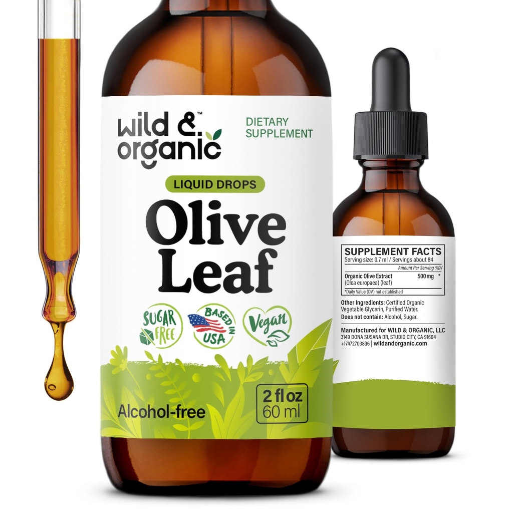 Wild & Organic Olive Leaf Extract Liquid Drops - Antioxidant & Immune Support - Oleuropein Olive Leaf Supplement - Vegan, Sugar & Alkoholfria droppar - 2 fl oz