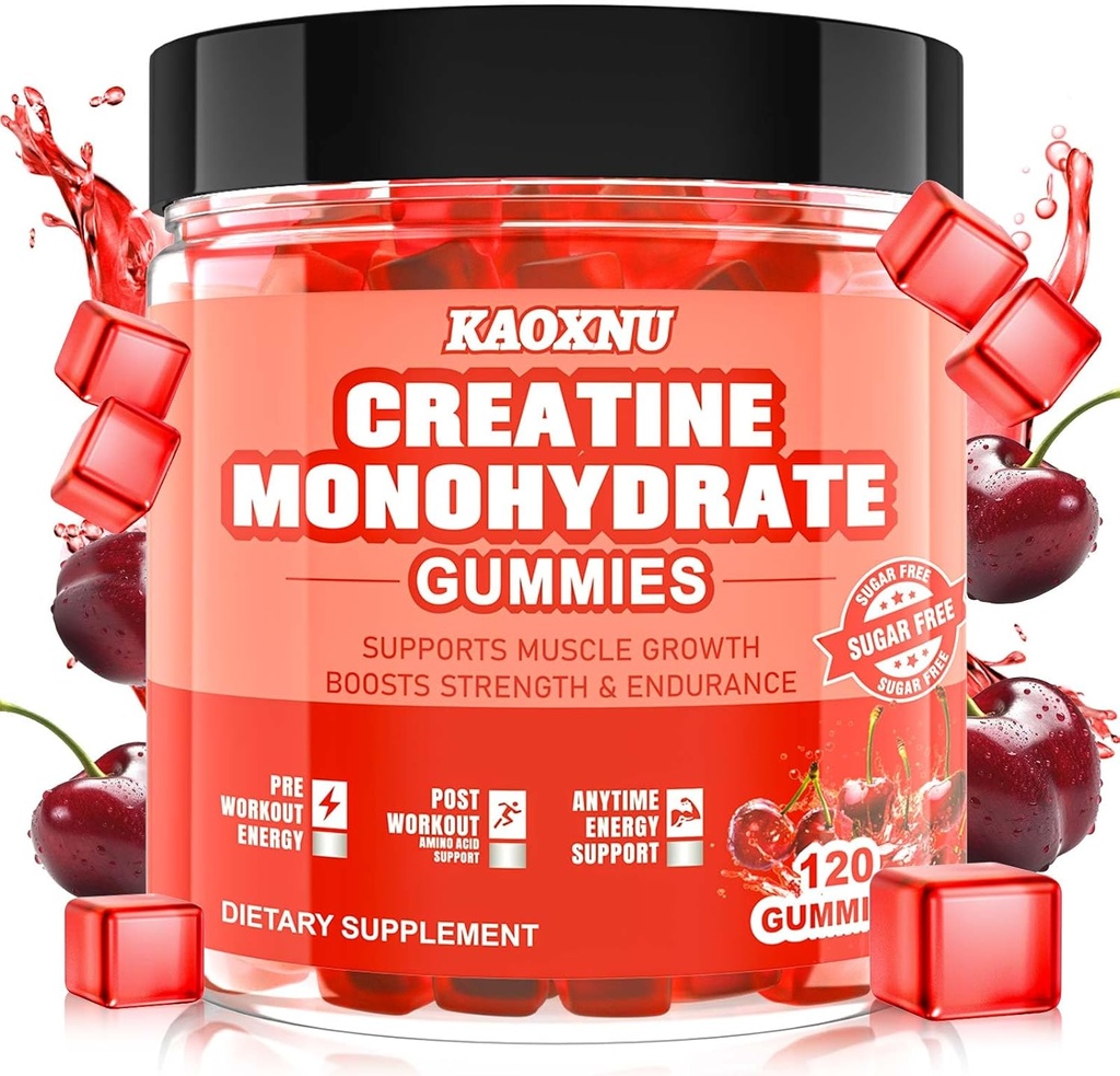 Kreatinmonohydrat Gummies 5600mg för män och kvinnor, 120 CT Chewable Creatine Gummies för muskelstöd, energiökning, 5,6 g kreatinmonohydrat per portion - Sugar Free, Vegan (Cherry Flavor)