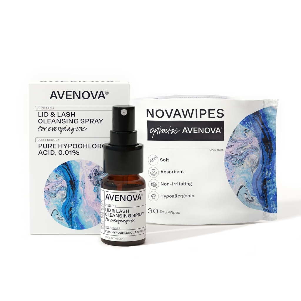 Avenova Eyelid och Eyelash Cleanser Spray med 30 torrtrådar - Gentle Everyday Hypochlorous Acid Lid och Lash Cleansing Spray för Clearer och hälsosammare ögon, 20mL