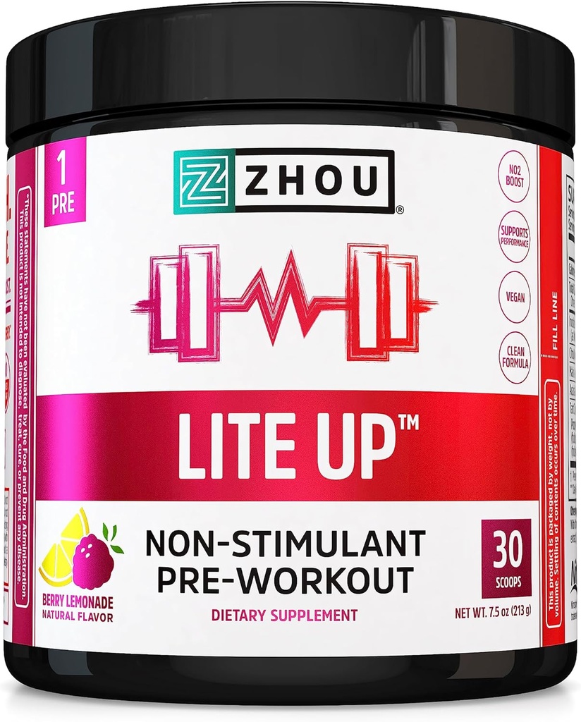 Zhou Lite Up - Non Stim Powder, Nitric Oxide Stim Free Supplement for Men & Women, Caffeine Free Boost, Clean Formula - Berry Lemonade Flavor, 7,5 oz Jar (30 skopor)