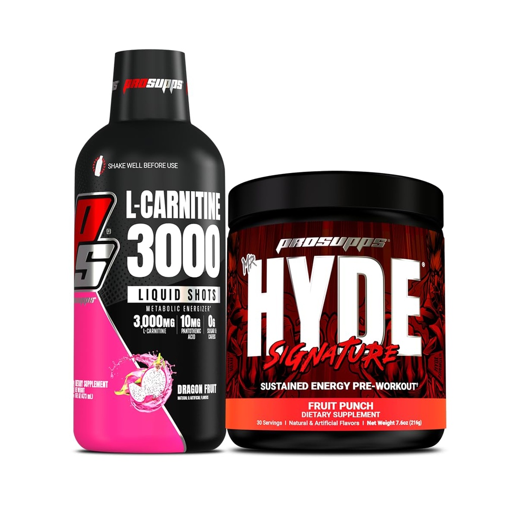 PROSUPPS L-Carnitine 3000 Stimulant Free Liquid Shots (Dragon Fruit) och Mr Hyde Signature Series Pre-Workout Energy Powdered Drink (Fruit Punch) Bundle