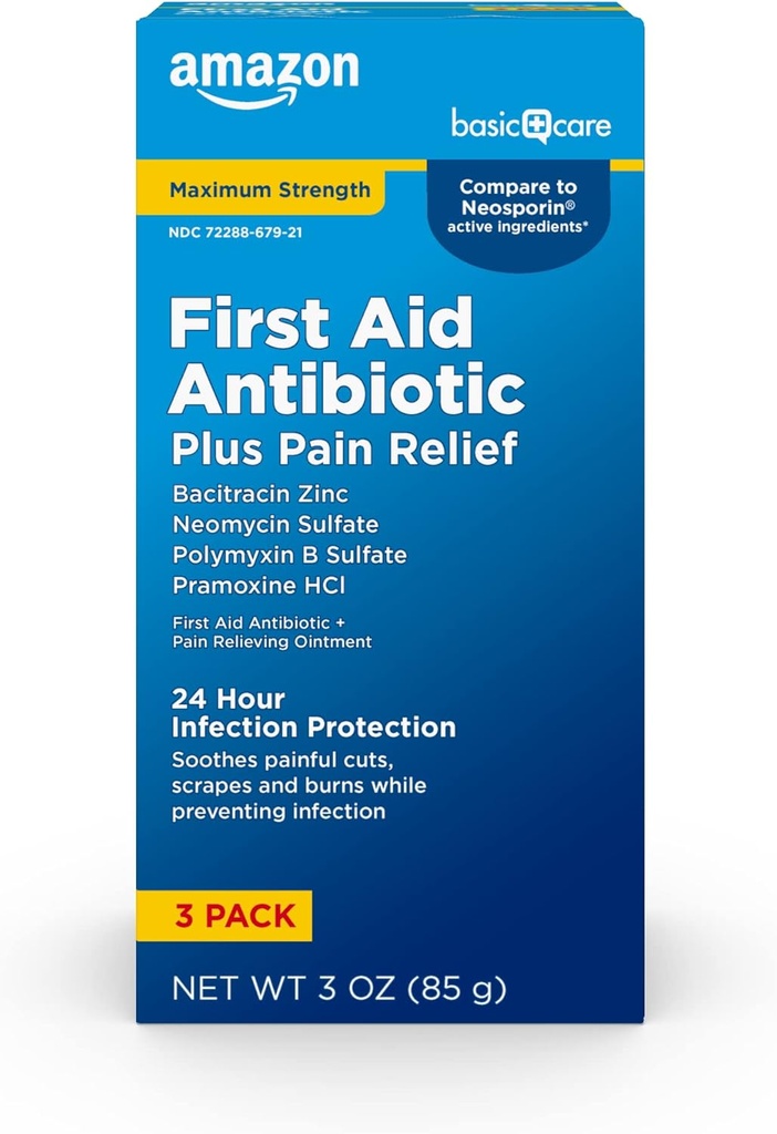 Grundläggande vård Maximal Styrka Första Hjälpen Trippel Antibiotisk salva, Smärtlindring För Mindre Cuts, Skrapor och Brännor, 3 ounce (Pack av 1)