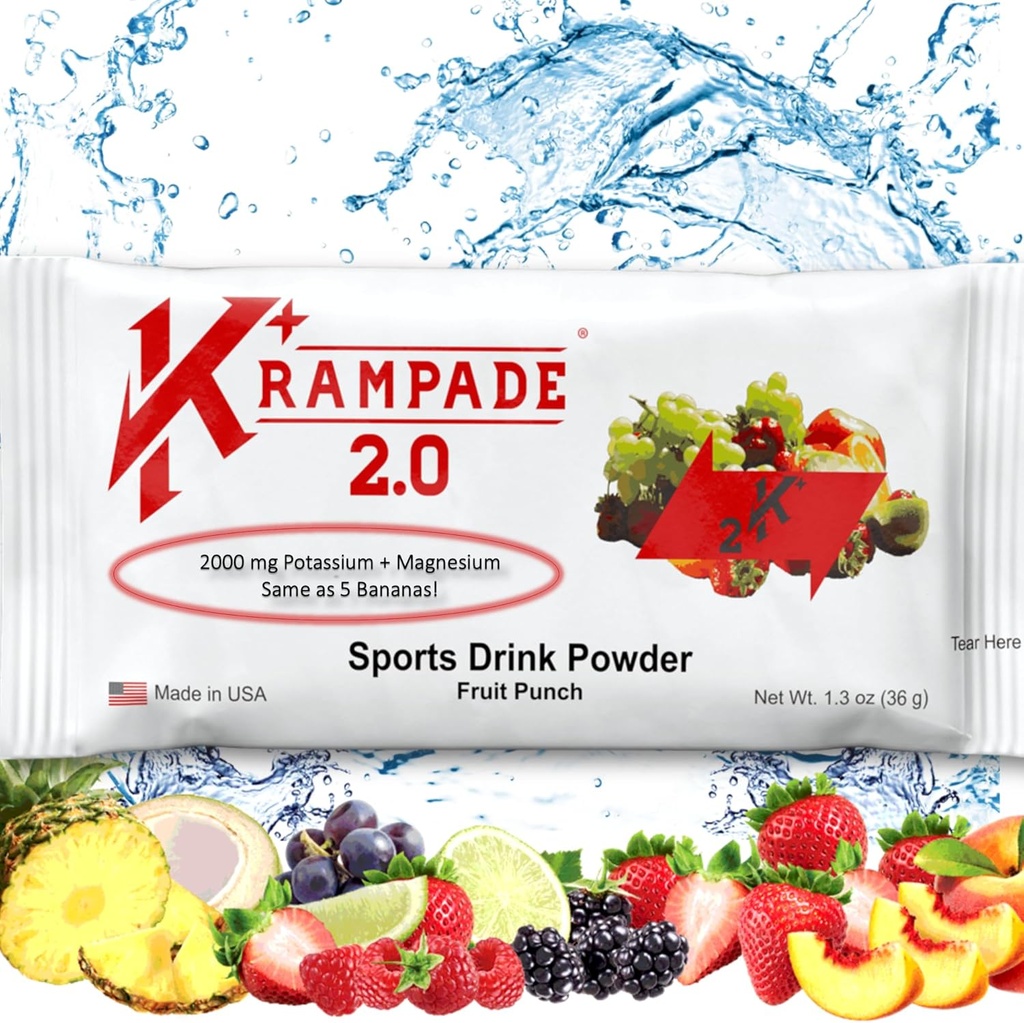 Krampade 2.0 2K: 50 mg Magnesium + 2000 mg Kaliumkrampavlastning Electrolyte Drink Powder: Snabbare återhämtning, långsammare trötthet, optimerad hydrering | 20 Single-Serving Packets (Fruit Punch)
