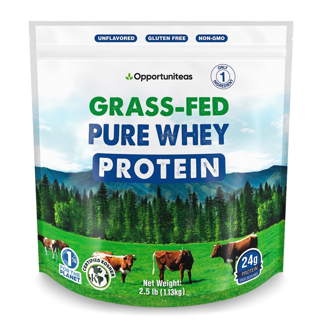 Opportuniteas Grass Fed Whey Protein Powder Concentrate - 1 Ingrediens - Pure Protein Supplement för Drink, Smoothie, Shake, Cooking & Baking - Non GMO, Hormone Free & Gluten Free - 2,5 lbs