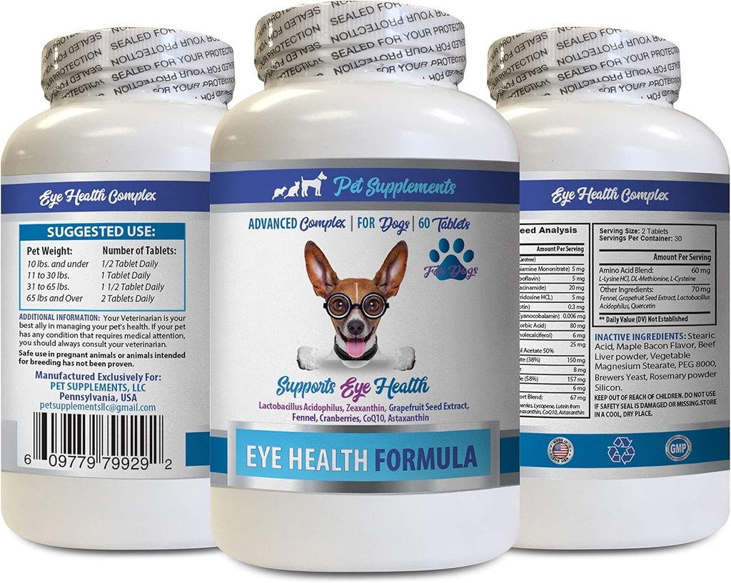 Hundar Eye Vitaminer - Hundar Eye Health Formel - Avancerad Eye Support Complex - VETS Rekommenderad - Hund Lutein - 1 flaska (60 tabletter)