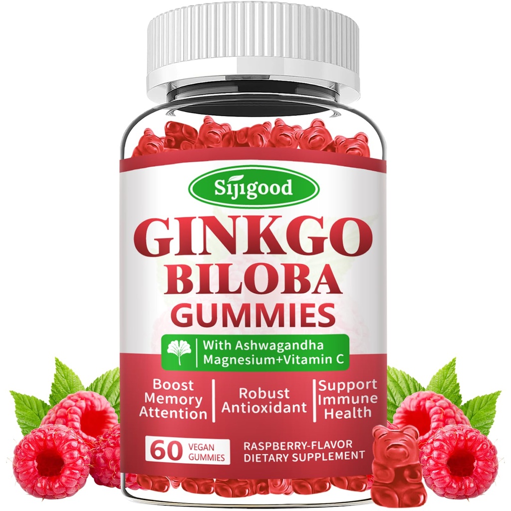 Ginkgo Biloba Gummies med Panax Ginseng och Magnesium, Ginkgo Biloba kosttillskott för fokus, minne och hjärnhälsa för vuxna och barn, Vegan Raspberry Flavor Gummies, 60 Count