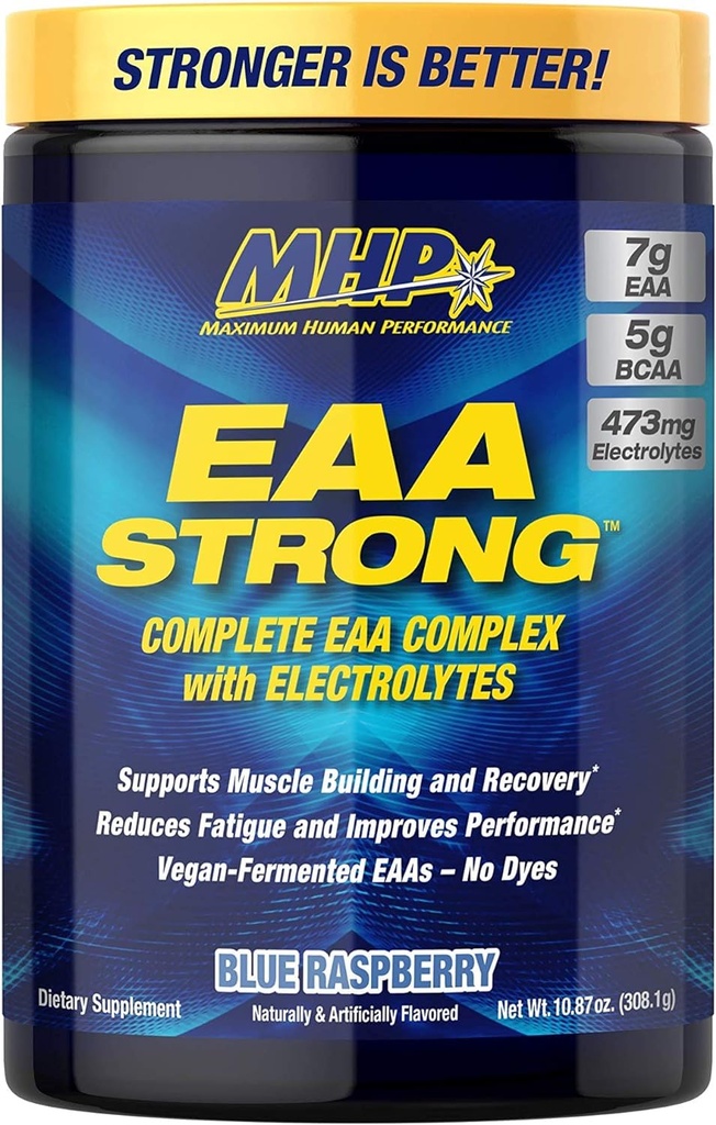 Maximal mänsklig prestanda Mhp Eaa Strong, Amino Acid Supplements, Alla 9 väsentliga aminosyror, Bcaas, Electrolytes, Blue Raspberry, 1.2 Pound