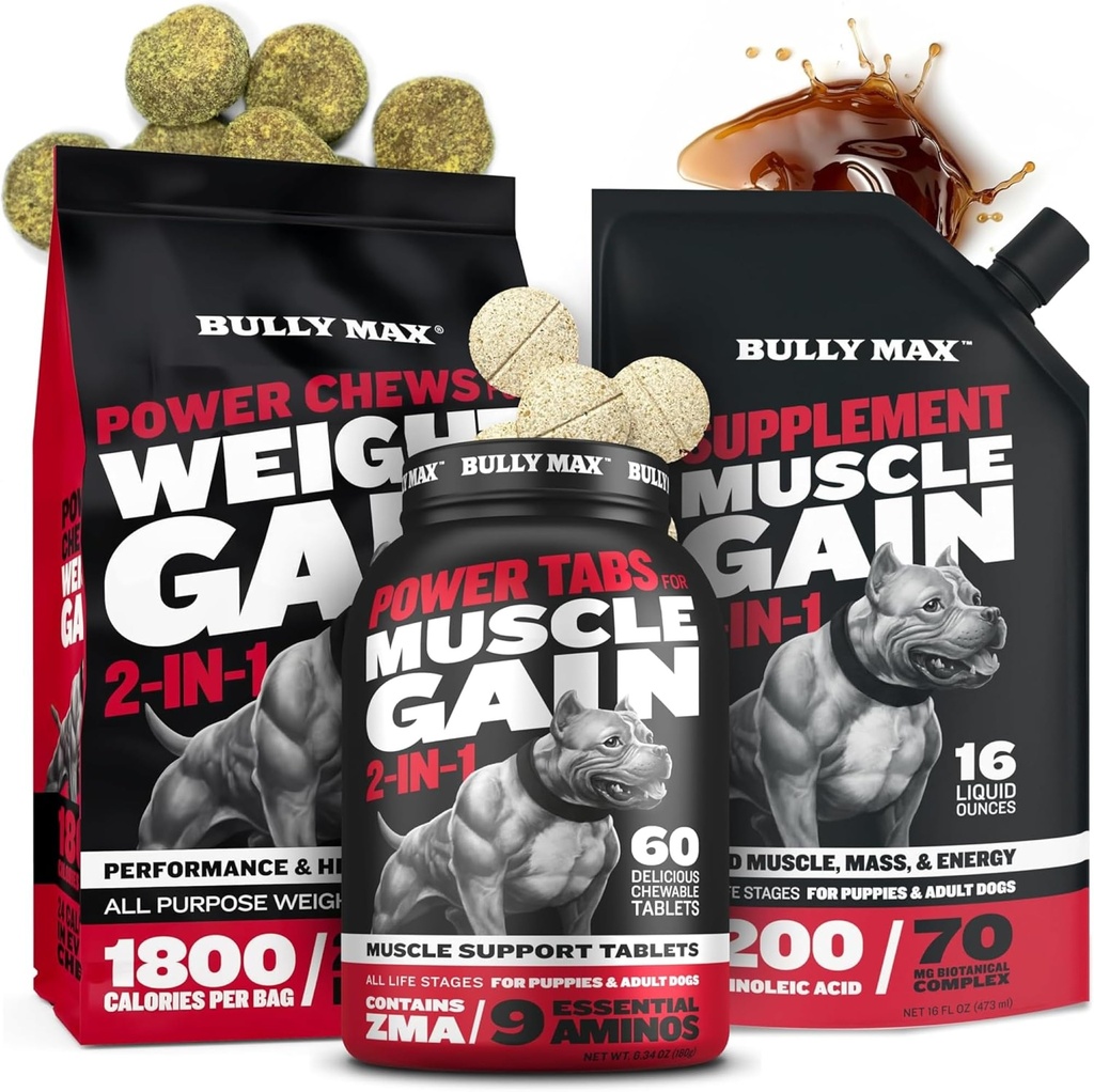 Bully Max Dog Weight Gainer Chews (75pc tuggar) & Muscle Builder Tablets (60 flikar) & 3-i-1 Liquid Muscle Builder Supplement Bundle eller valpar och vuxna, alla raser - Hälsosam tillväxt och Vitality Support