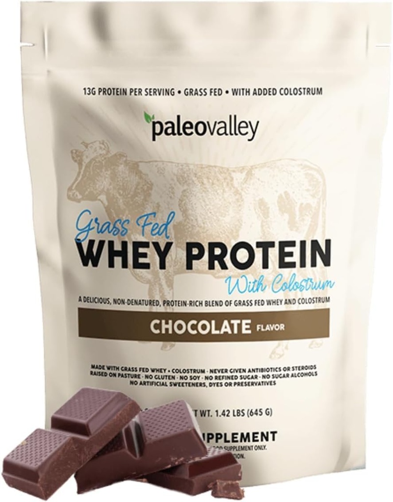 Paleovalley 100% Grassfed Whey Protein Powder med Colostrum, 13g Protein, Choklad, Muscle Building, Immune Support, Gut Health