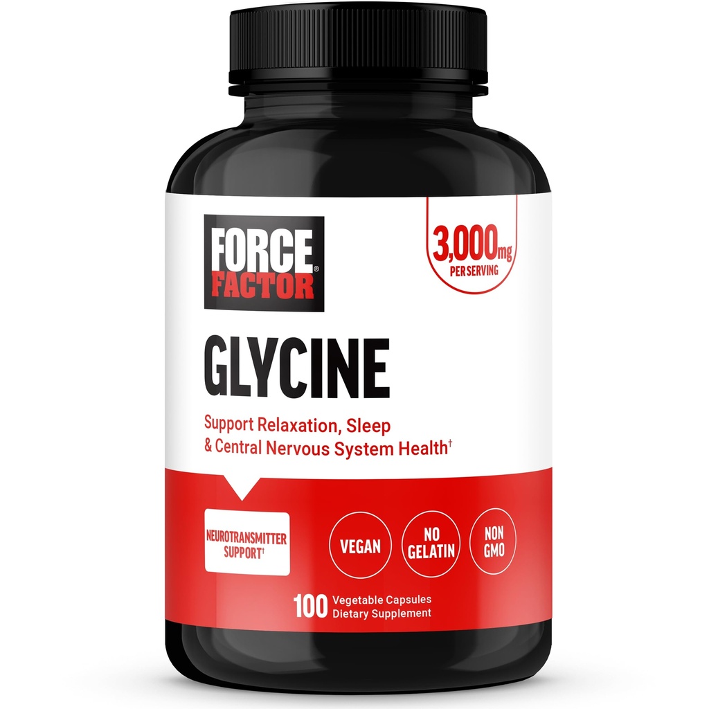 FORCE FACTOR Glycin för att främja avkoppling och återstående sömn, stödja kognitiv funktion, humörbalans och nervhälsa, 100 vegetabiliska kapslar