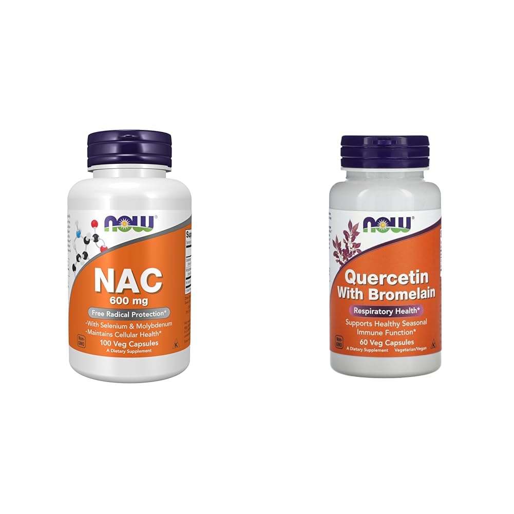 Nu Kosttillskott, NAC (N-Acetyl Cysteine) 600 mg med Selenium & Molybdenum, 100 Veg Capsules & Now Quercetin med Bromelain - 60 Veg Capsules