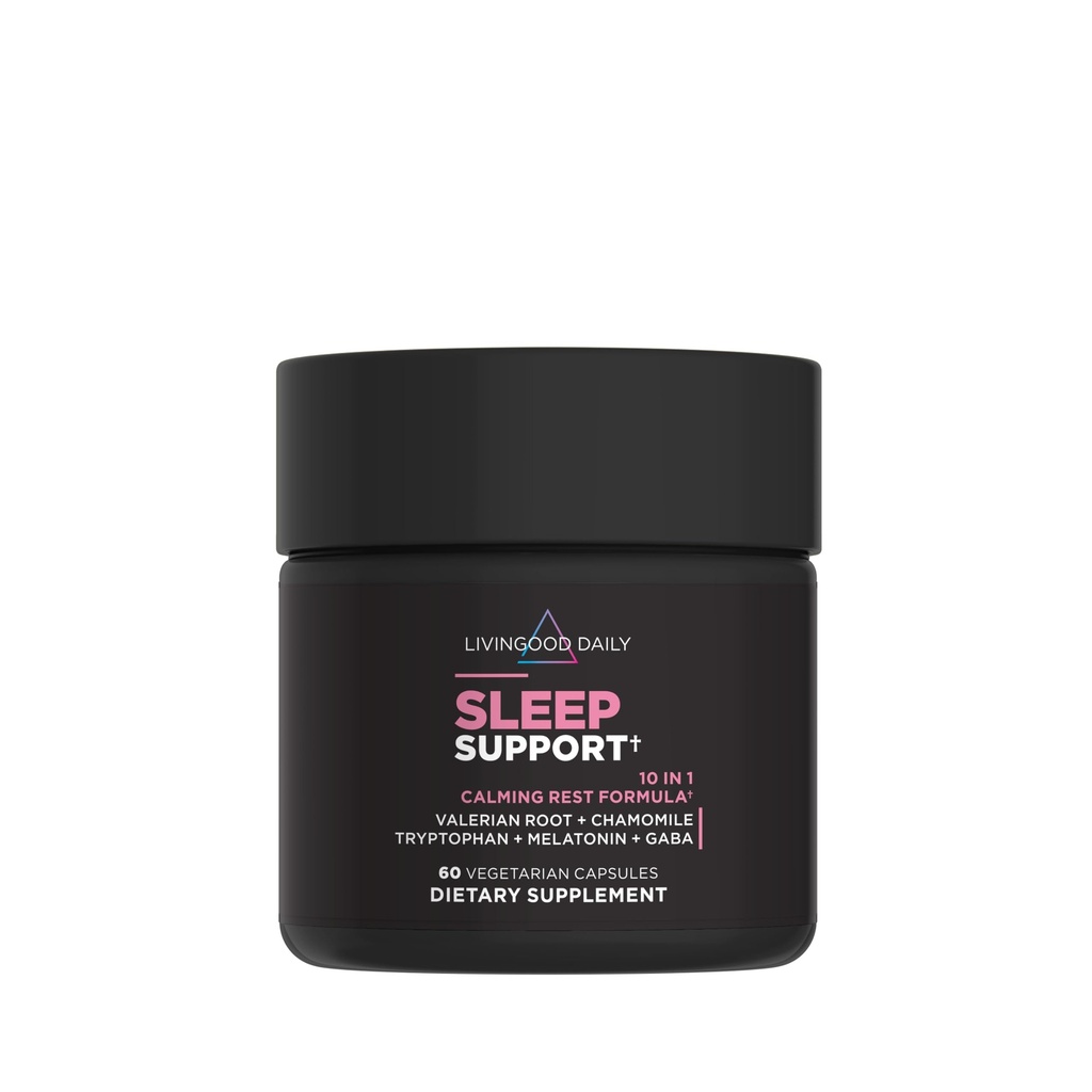 Livingood Daily Sleep Support Supplement, 10-i-1 Natursömnhjälp med 5 MG Melatonin, Valerian Root, Chamomile, Tryptophan & GABA för män och kvinnor, Non Habit Forming, Gluten Free, Vegan, 60 kapslar