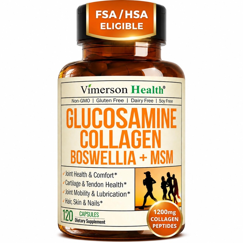 Glukosamin Chondroitin MSM med Hydrolyzed Collagen Peptides - Gemensamt Support Supplement med Quercetin, Bromelain & Boswellia Extract - Collagen piller för Hair Skin Nails - FSA Berättigade 120 Caps
