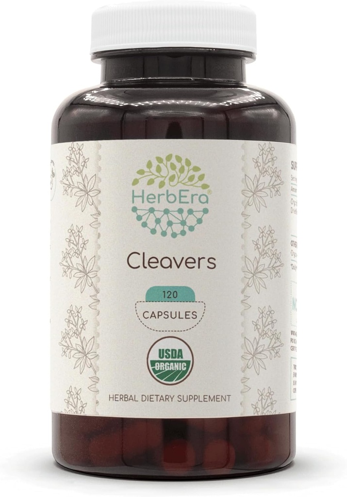 HerbEra Cleavers USDA Organic 120 Capsules | Natural Herbal Supplement | Certified Organic Vegetarian Capsules and Organic Cleavers (Galium aparine) Dried herb (120 Capsules)