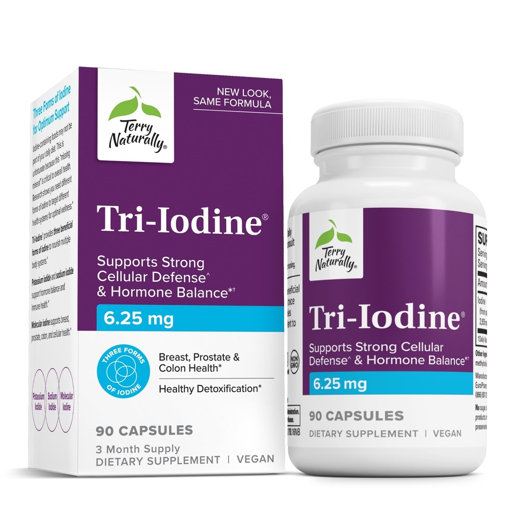 Terry Naturally Tri-Iodine - Stöd Thyroid Health - hjälper hormonbalans med molekylär jod från Kelp - Funktioner Kaliumjodid och natriumjodid - Brain & Energy Support - 6,25 mg, 90 kapslar