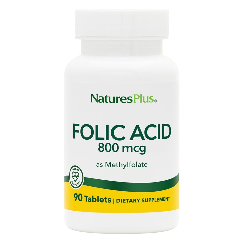 Natures Plus Folic Acid (Methylfolat) - 800 mcg, 90 Vegan tabletter - Stöder Hälsosam Tissue Tillväxt - Vegetarisk, Glutenfri - 90 portioner