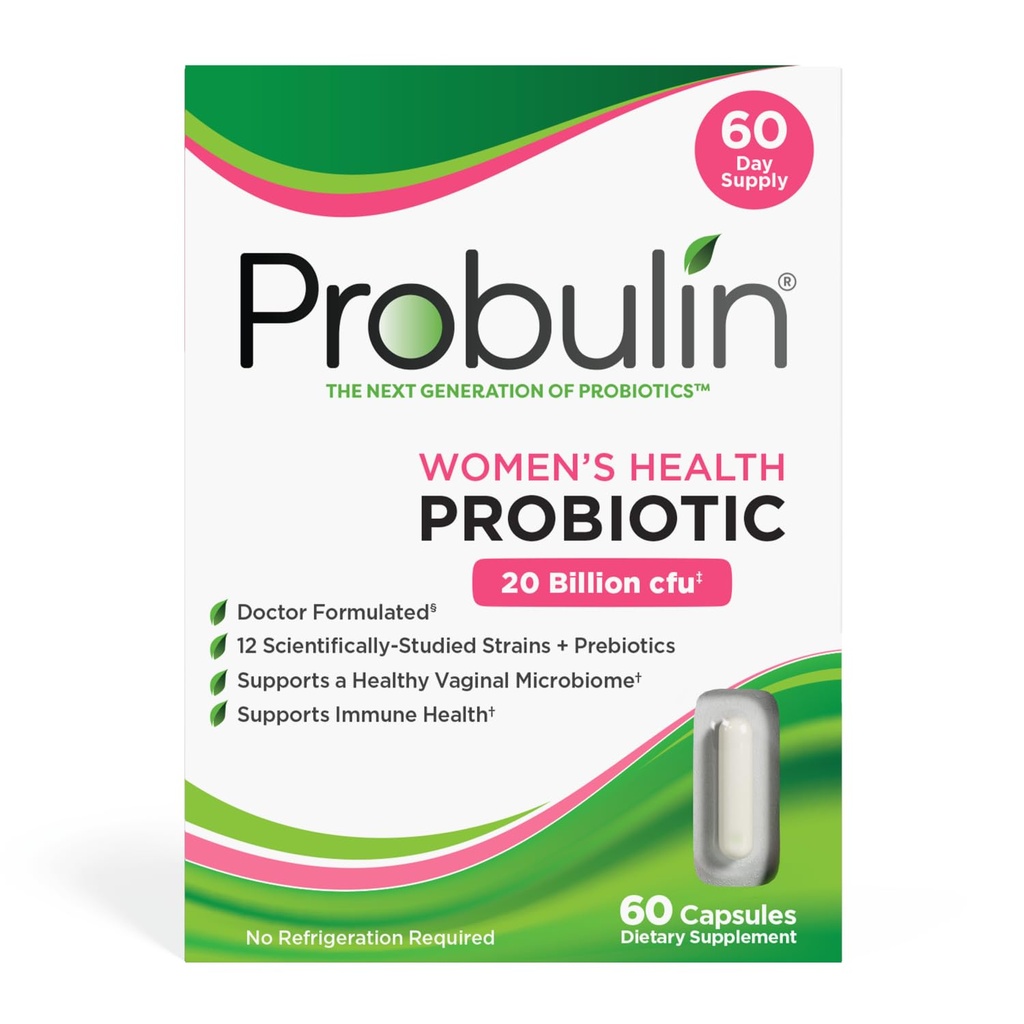 Probulin Women's Health Probiotic + Prebiotic för vaginal, gut & immunhälsa - 20 miljarder CFU - 12 Probiotiska stammar, 60 Vegan kapslar