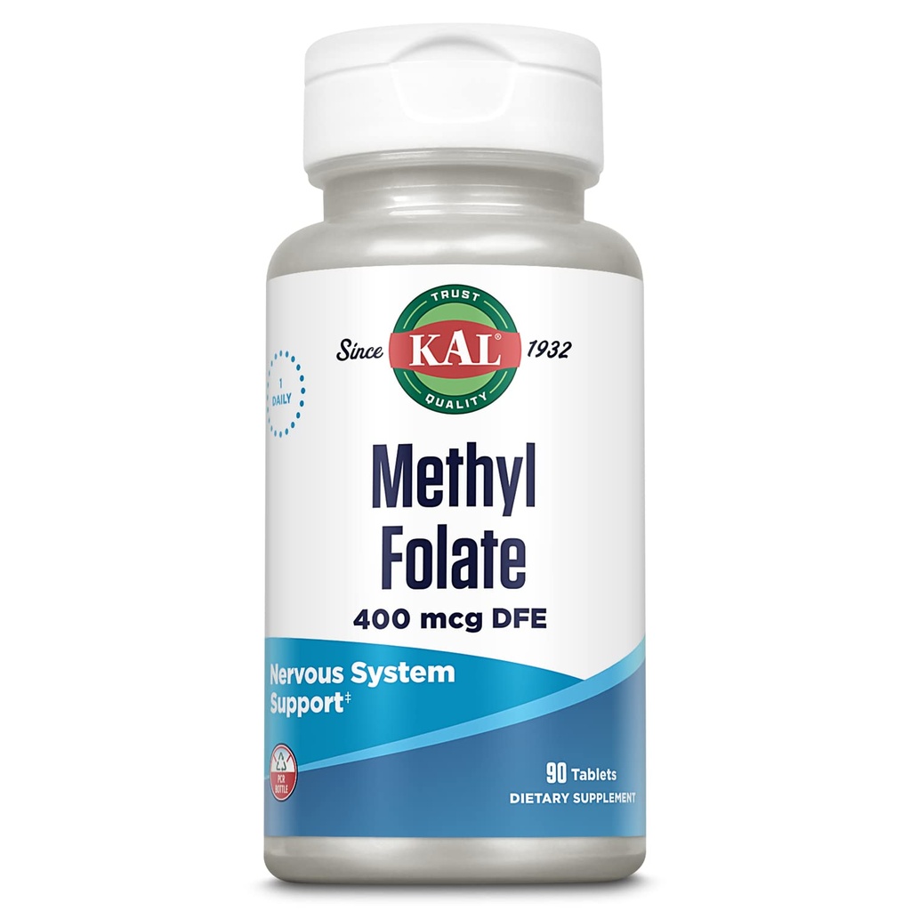 KAL Methyl Folate 400 mcg DFE, 5-MTHF Active Form Vitamin B9, Folic Acid Supplement, Heart Health, Prenatal, Mood and Brain Support, Fast Dissolving ActivTab, 60-Day Guarantee, 90 Servings, 90 tabletter