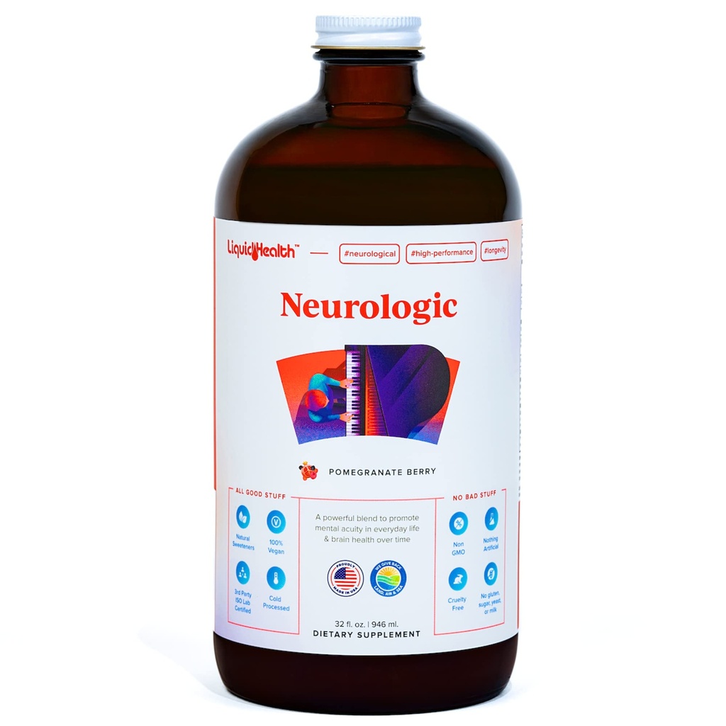 LIQUIDHEALTH Neurologic Focus Supplement - Brain Booster Nootropic Supplement för kognitiv funktion, minne och fokus med Ginkgo Biloba, Choline, L-Theanine & Phosphatidylserine - USA Made (32 oz)