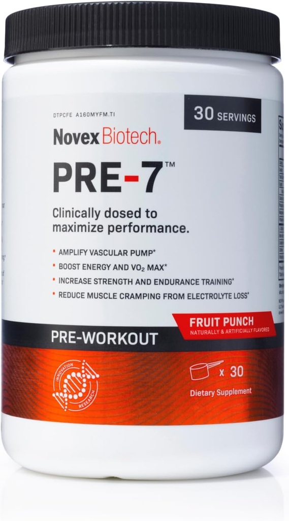 Novex Biotech PRE-7 Pre-Workout Powder för män - Boost Energy, Focus och VO2 max, Support Hydration Under långvarig övning *, Fruit Punch