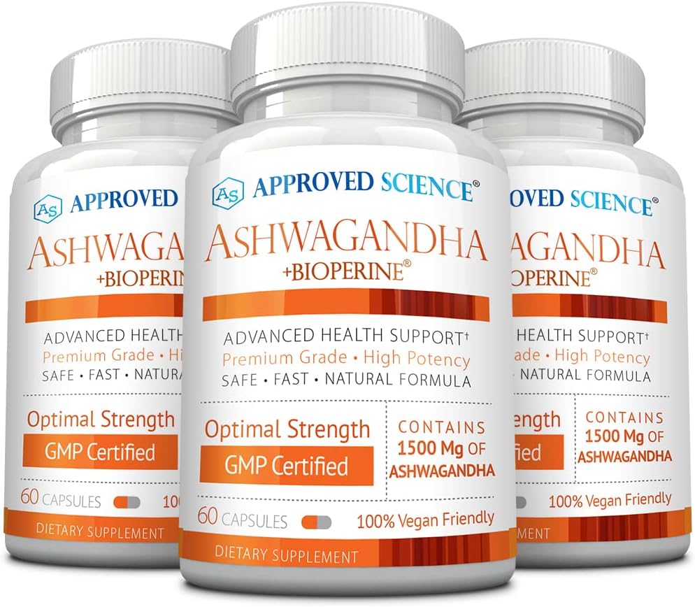 Godkänd vetenskap Ashwagandha 1500mg med Bioperine® och Ginger- Boost Mood & Energy - 60 Vegan Friendly Capsules (3 flaskor)